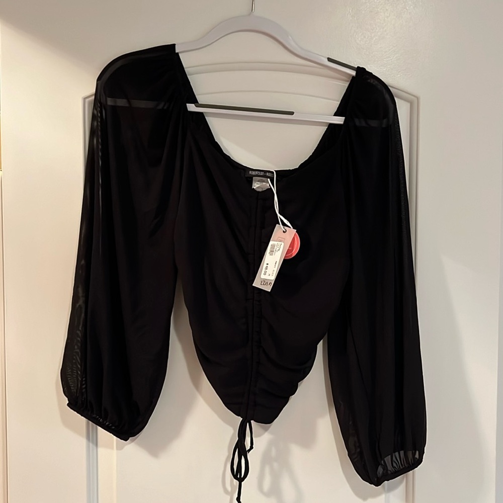 NWT Black Ruched front women’s blouse with sheer sleeves